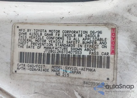 1996 Toyota Camry Dx/Le/Xle из США, поврежденный, VIN JT2BG12K6T0407553